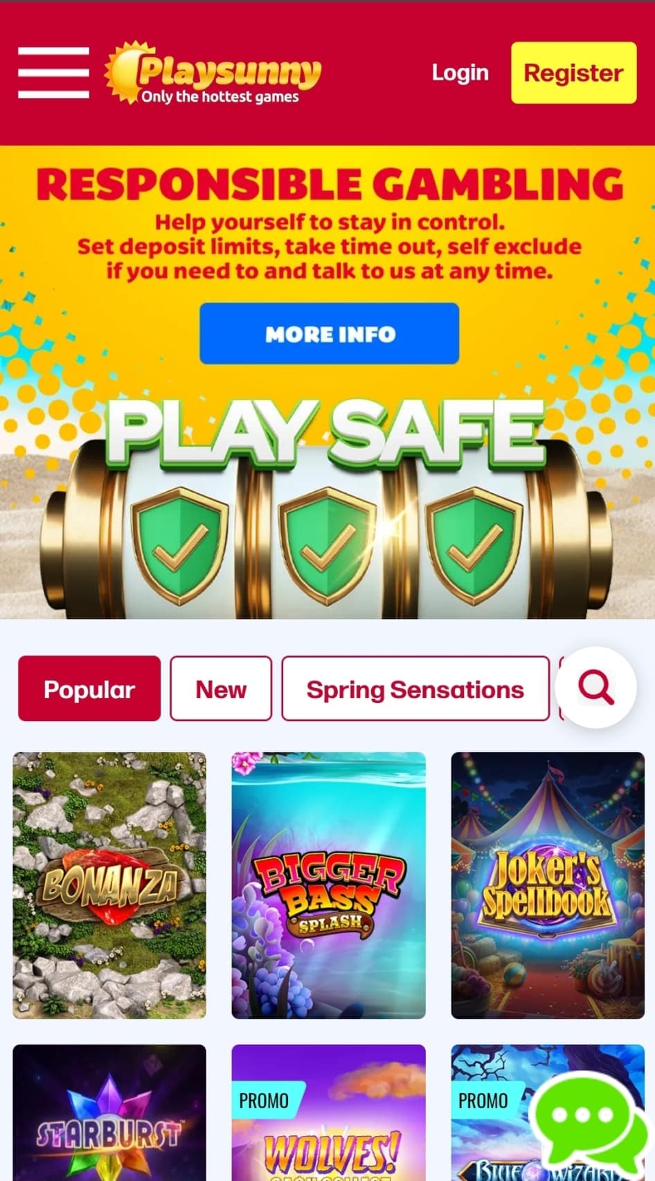 PlaySunny Casino Mobile page
